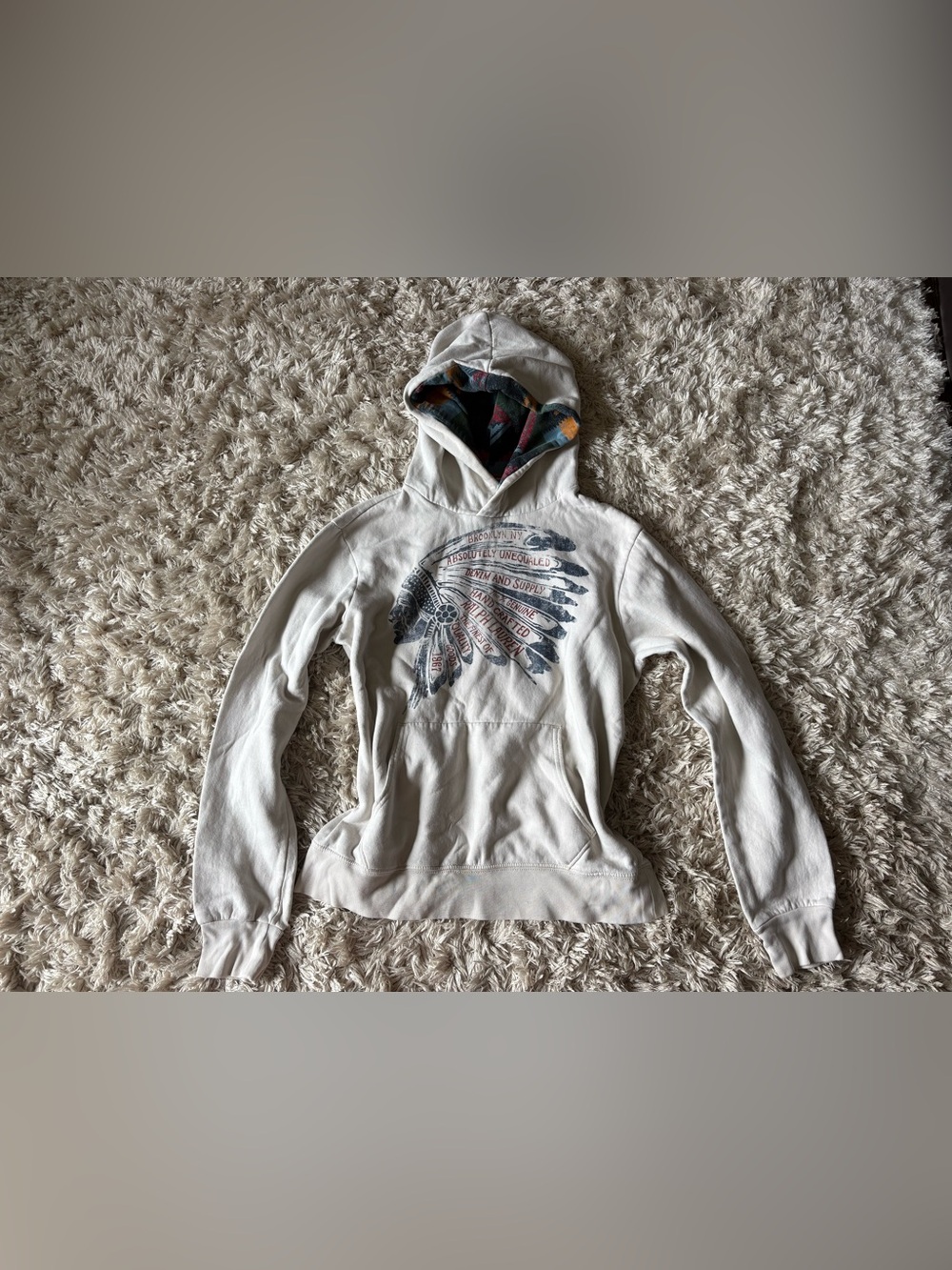 Rare Denim & Supply Ralph Lauren Cream Hoodie with Native American Graphic
